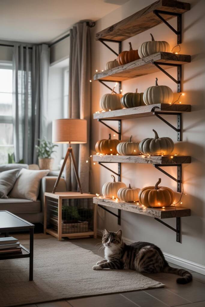 A cozy living room wall with floating wooden shelves displaying white and orange faux pumpkins, accented with fairy lights, s