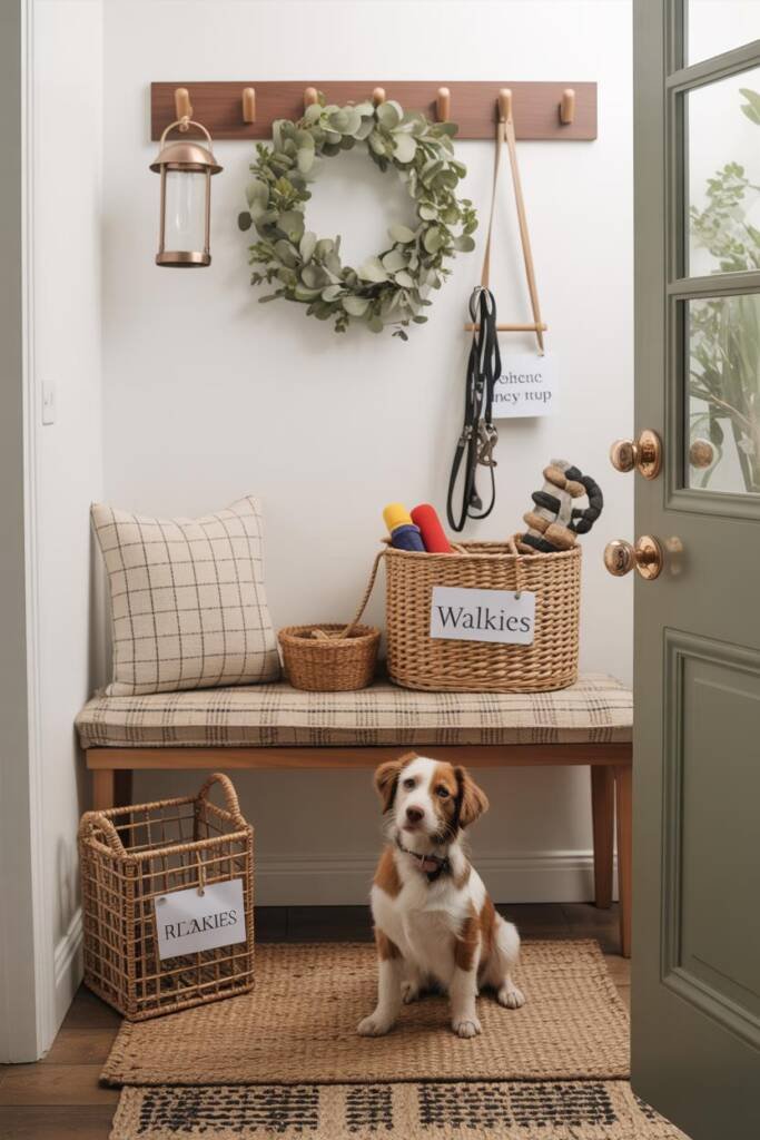 Pinterest vertical 2:3. Front entry styled with layered coir + patterned rug, matte lanterns, cedar wreath on peg rail; woven