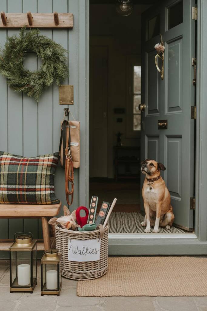 Pinterest vertical 2:3. Front entry styled with layered coir + patterned rug, matte lanterns, cedar wreath on peg rail; woven