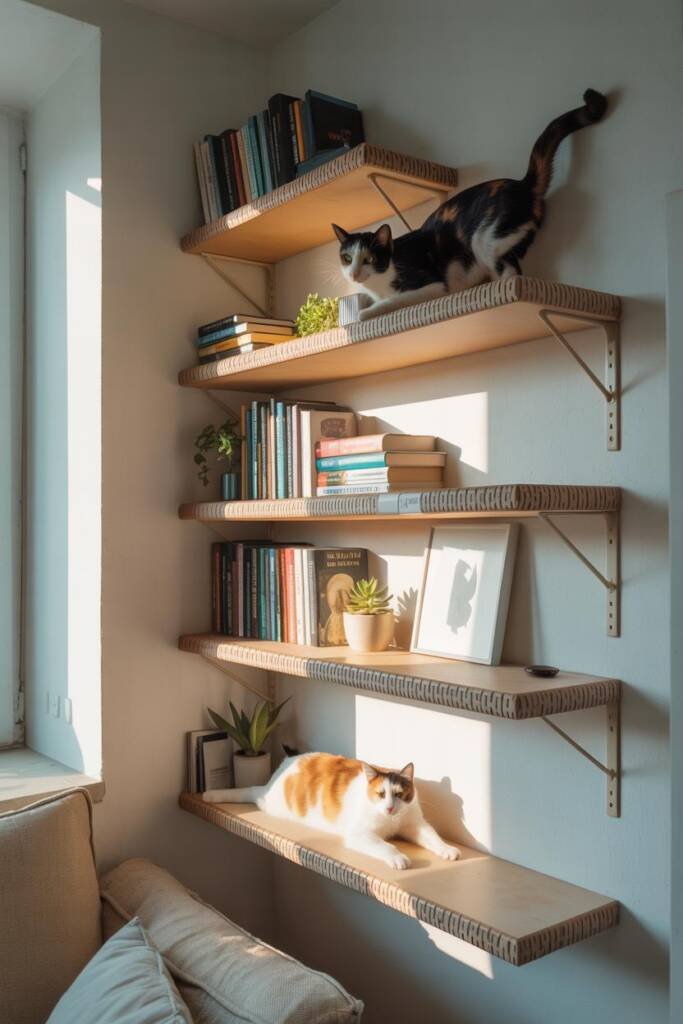 Photorealistic vertical 2:3; bright modern living room with white walls; staggered wall-mounted wooden floating shelves style