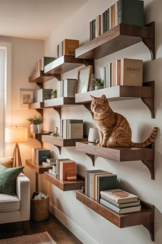 Photorealistic vertical 2:3; bright modern living room with white walls; staggered wall-mounted wooden floating shelves style