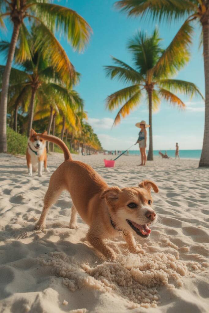 Playful small dog splashing in turquoise surf at Fort De Soto; palm trees framing sandy beach path; owner in sunhat with leas