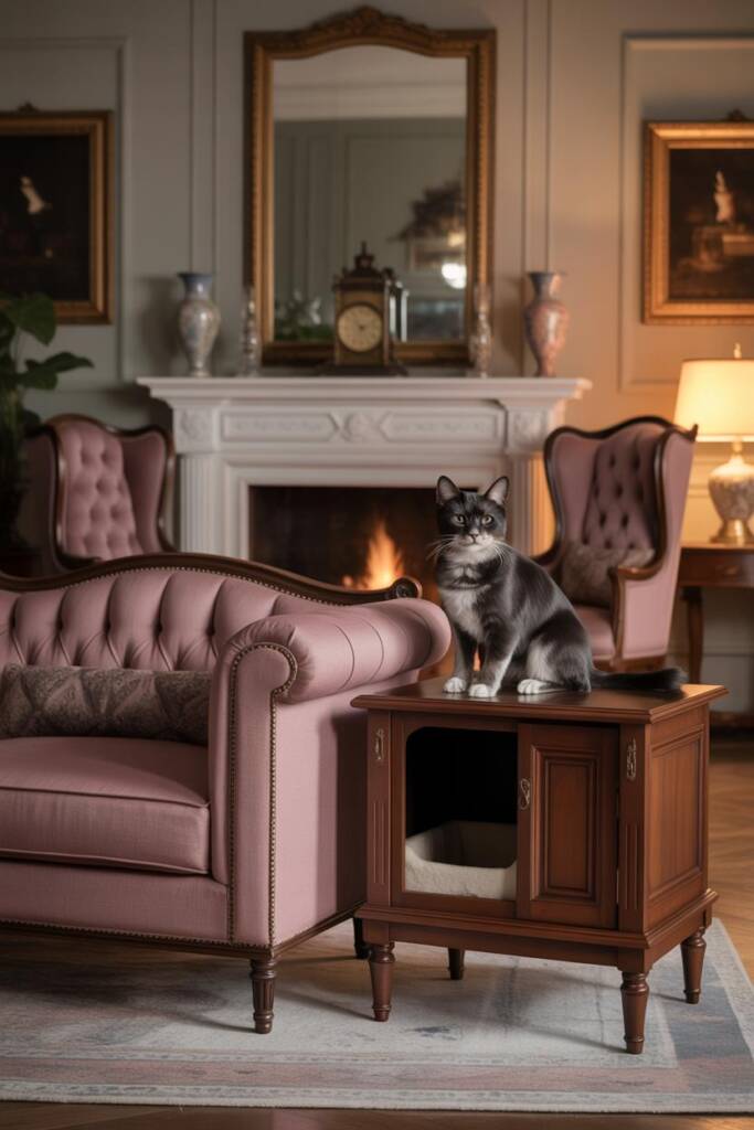 Formal salon with fireplace, gilded mirror, and wingback chairs. A tufted mini dog sofa in champagne linen with turned wood l