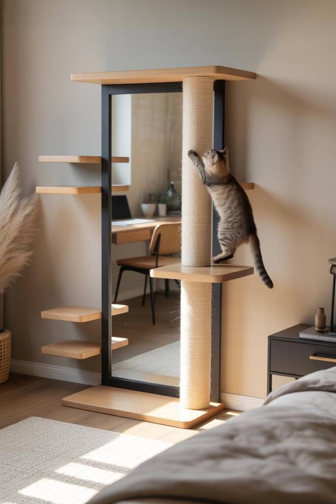 Pinterest vertical (2:3). Photorealistic full-length dressing mirror forms the back of a sleek cat tree; slim black metal fra