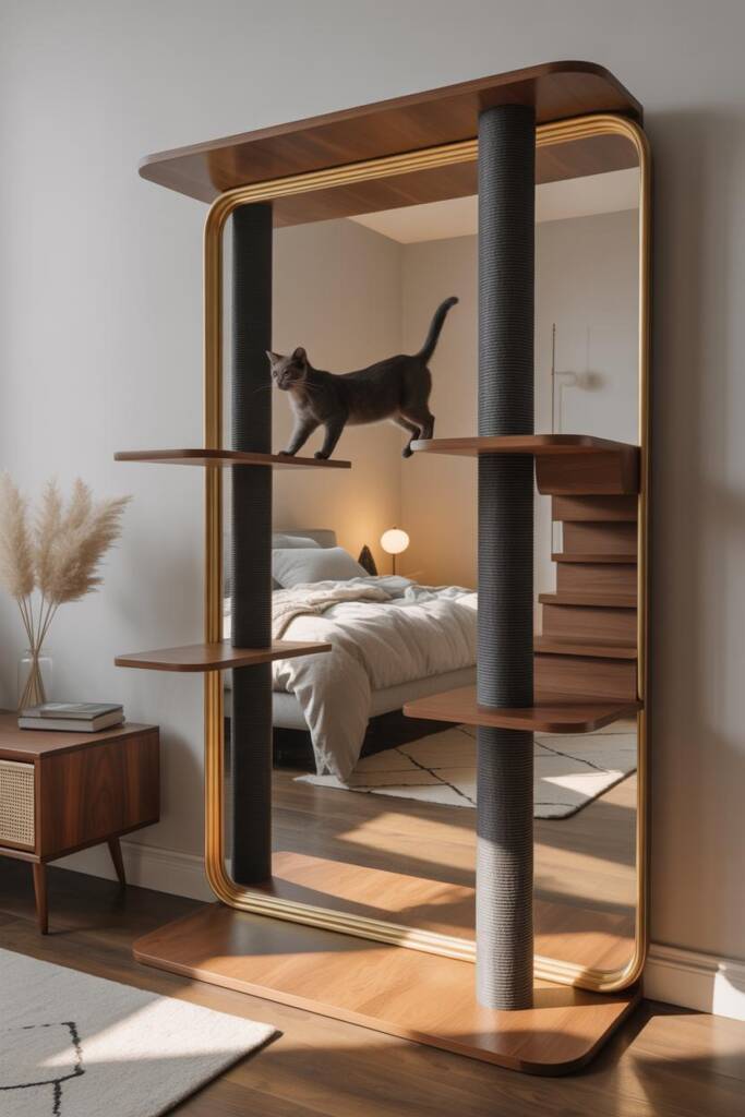 Pinterest vertical (2:3). Photorealistic full-length dressing mirror forms the back of a sleek cat tree; slim black metal fra
