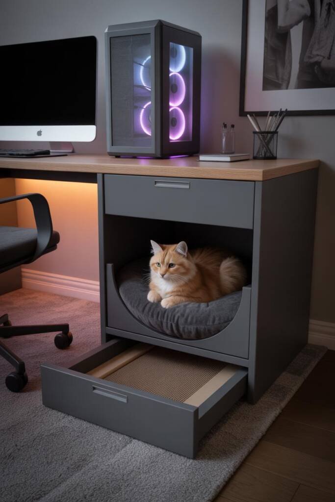 Photorealistic 3:4 view of a gaming desk with integrated cat lounge features; side compartment holds a round plush cat bed wh