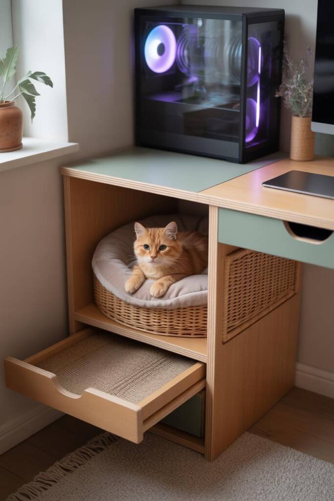 Photorealistic 3:4 view of a gaming desk with integrated cat lounge features; side compartment holds a round plush cat bed wh