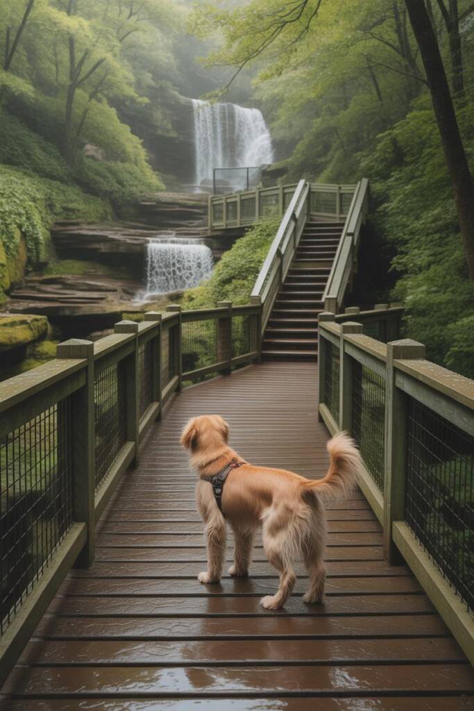 Doodle in harness walking under Spanish moss in Savannah square; cobblestone paths and pastel façades; inset of Amicalola Fal