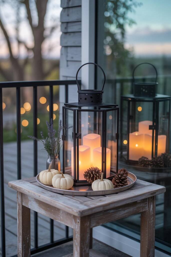 Pinterest vertical 1000x1500; bronze or black enclosed lanterns with warm-white LED “candles” on reflective tray; mini pumpki