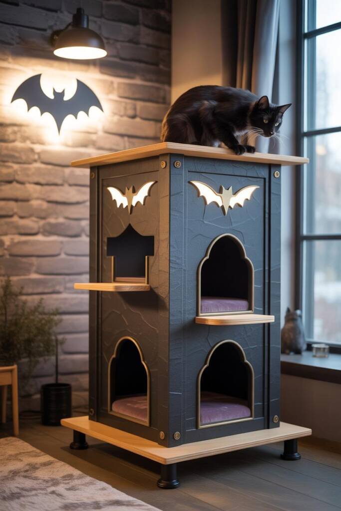 Vertical 2:3 photorealistic image of a gothic-style cat tower in matte black with faux-stone textures. Side panels have cutou
