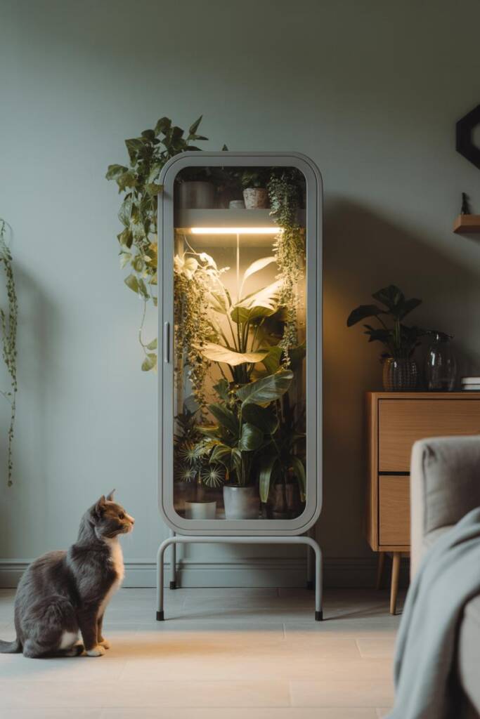 Vertical 2:3 photo-realistic scene of a glass-door cabinet styled as a mini greenhouse; lush houseplants on shelves with soft