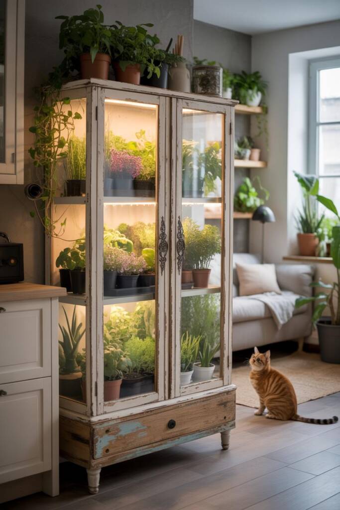Vertical 2:3 photo-realistic scene of a glass-door cabinet styled as a mini greenhouse; lush houseplants on shelves with soft