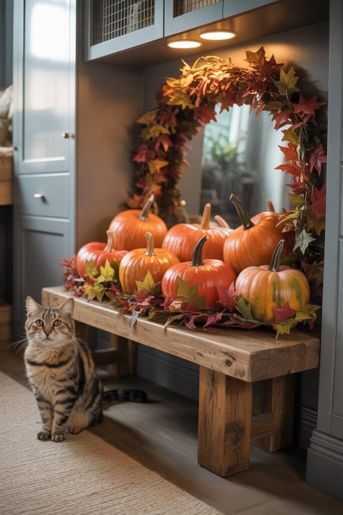 A mantel display of clustered pumpkins wrapped with faux fall leaf garlands, secured and stylish pet-friendly pumpkin display