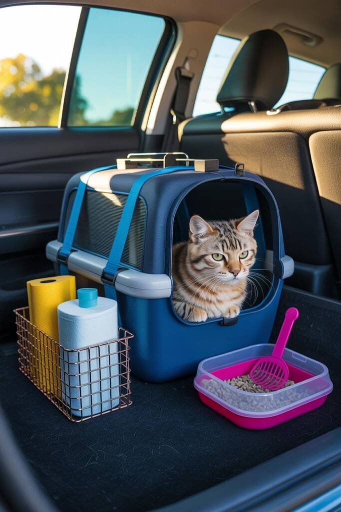 Vertical 2:3 candid photo: back seat with secured carrier, small caddy holding wipes and paper towels, compact litter kit tuc