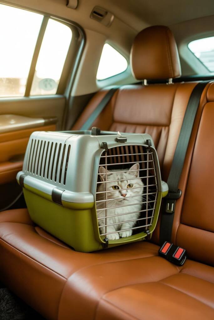 Vertical 2:3 close-up: hard-sided cat carrier strapped with a seatbelt across back seat; focus on buckle threading; cat calml