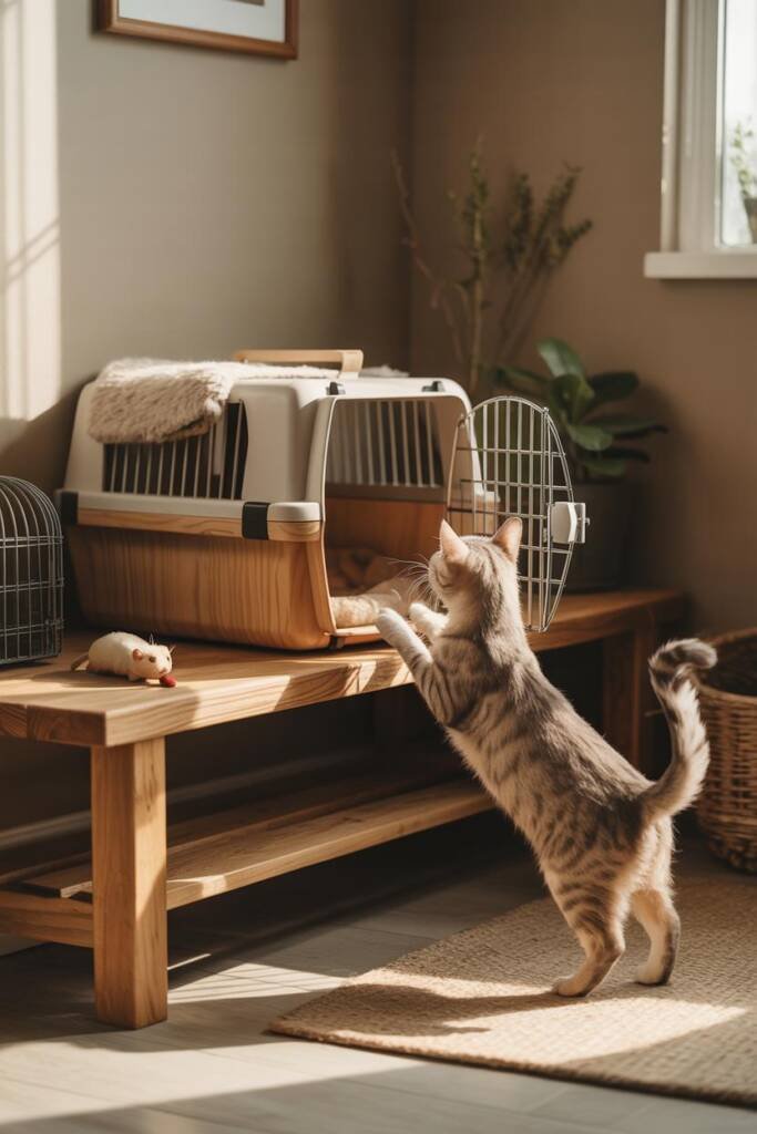 Vertical 2:3 scene: cat entering open carrier at home, treat just inside; soft throw blanket; calm, warm ambient light; natur