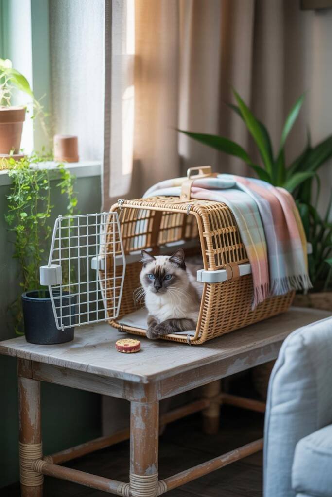 Vertical 2:3 scene: cat entering open carrier at home, treat just inside; soft throw blanket; calm, warm ambient light; natur