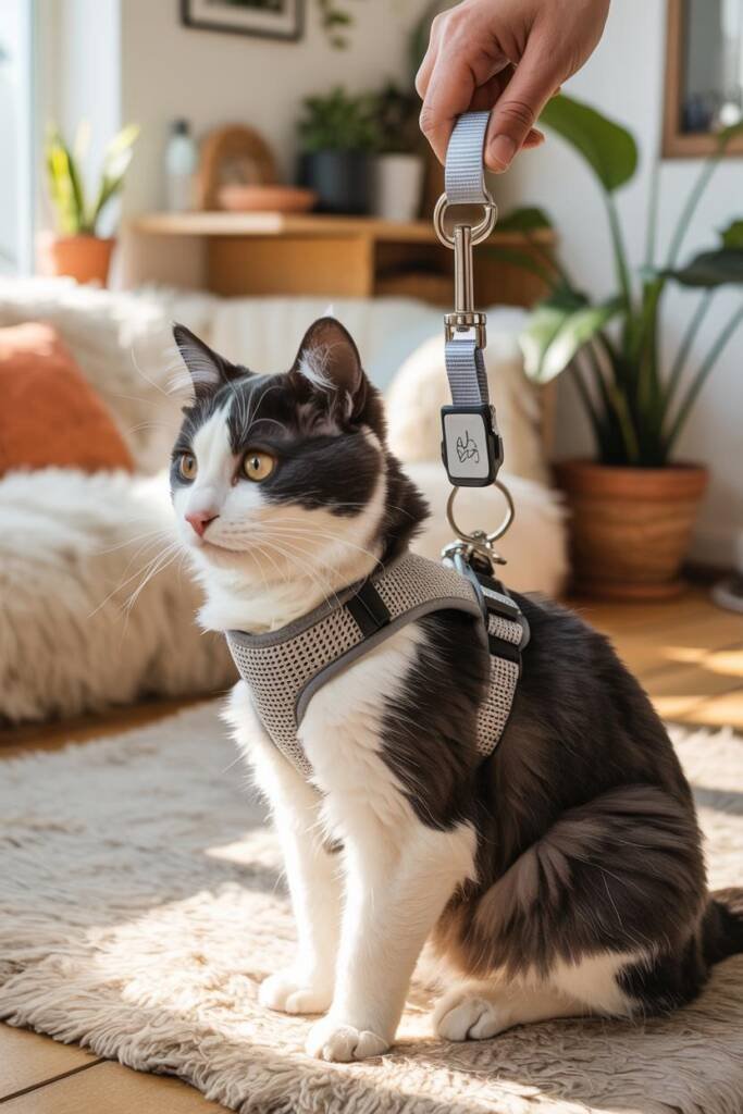 Vertical 2:3 close-up: cat in snug, well-fitted harness indoors; hand clipping lightweight leash; visible ID tag; airy, moder