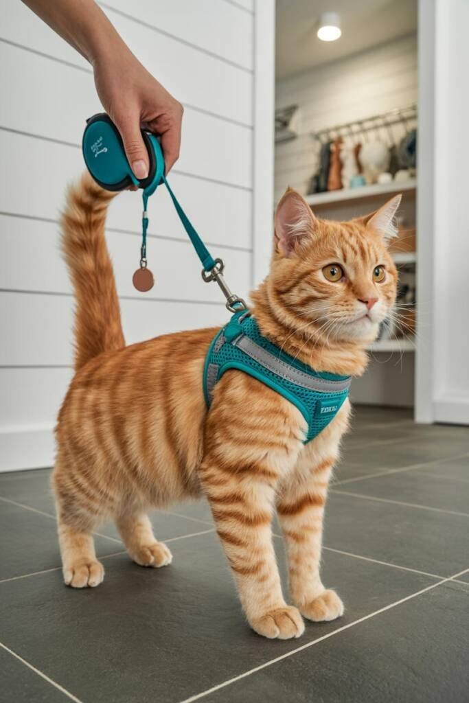 Vertical 2:3 close-up: cat in snug, well-fitted harness indoors; hand clipping lightweight leash; visible ID tag; airy, moder