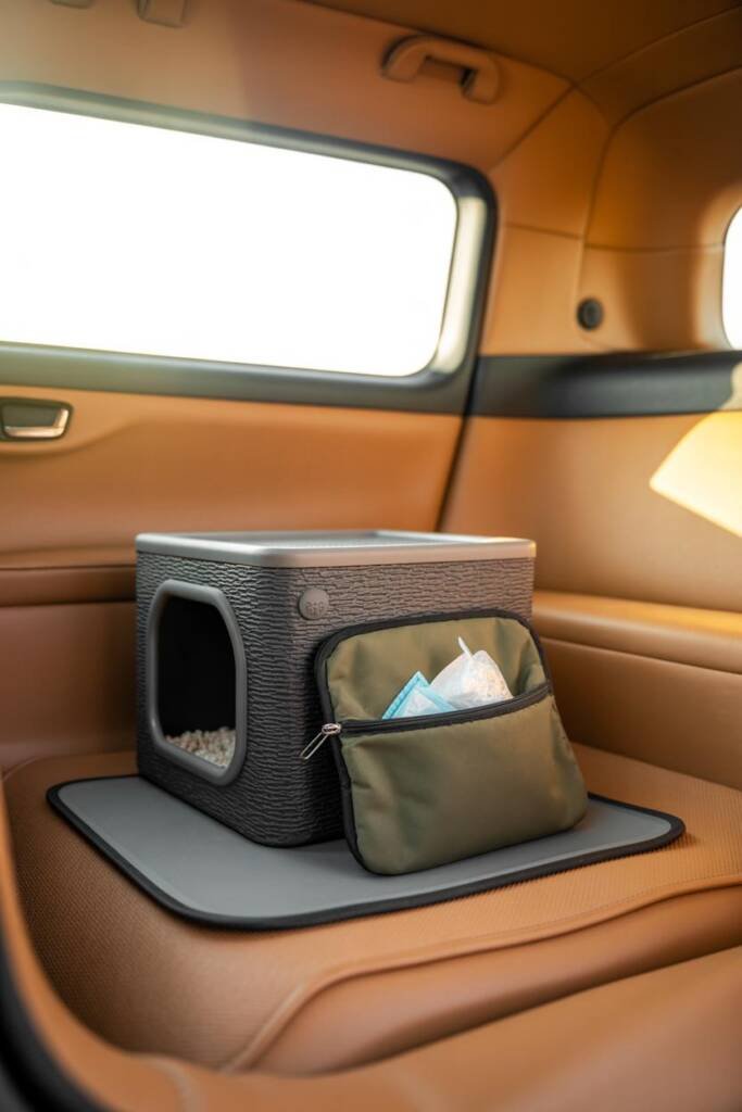 Vertical 2:3 photo: compact covered litter box on rear floor mat atop a pee pad; small scoop + waste bags in a tidy pouch; br