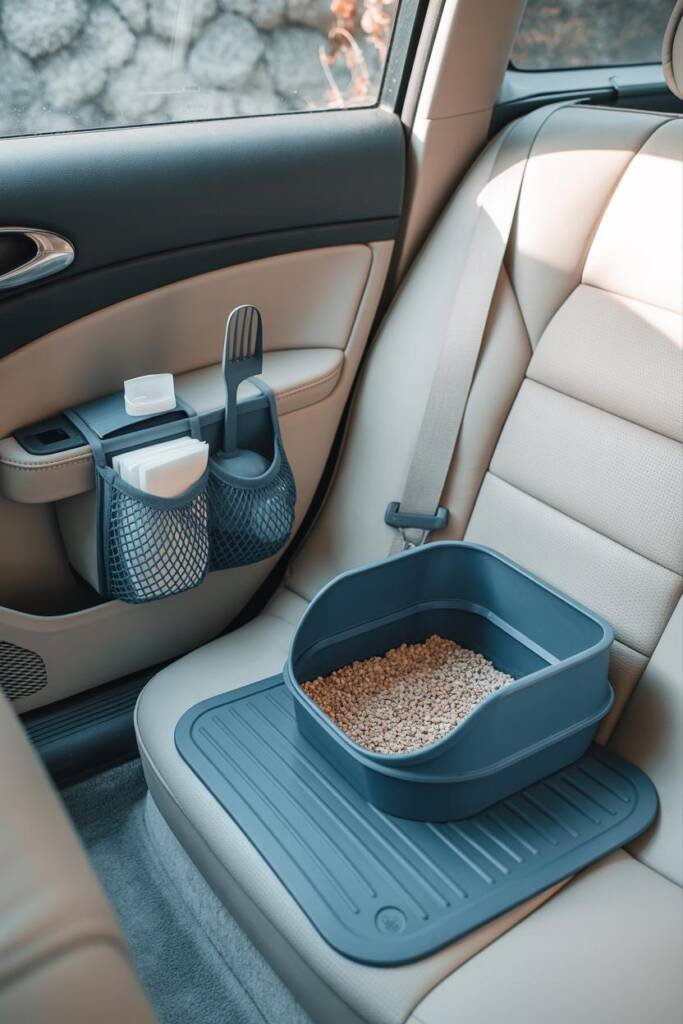 Vertical 2:3 photo: compact covered litter box on rear floor mat atop a pee pad; small scoop + waste bags in a tidy pouch; br