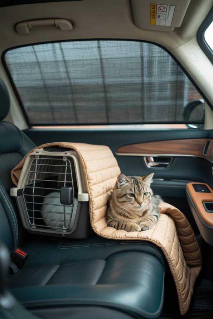 Vertical 2:3 interior: rear window sunshade casting soft light, carrier partly draped with thin blanket (one-third), dashboar