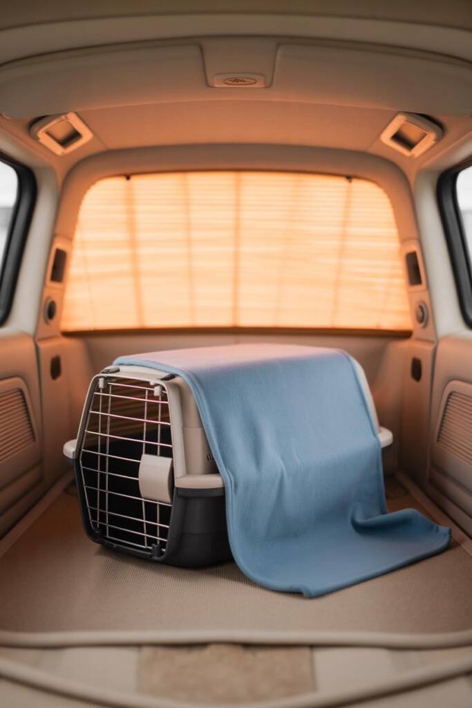 Vertical 2:3 interior: rear window sunshade casting soft light, carrier partly draped with thin blanket (one-third), dashboar