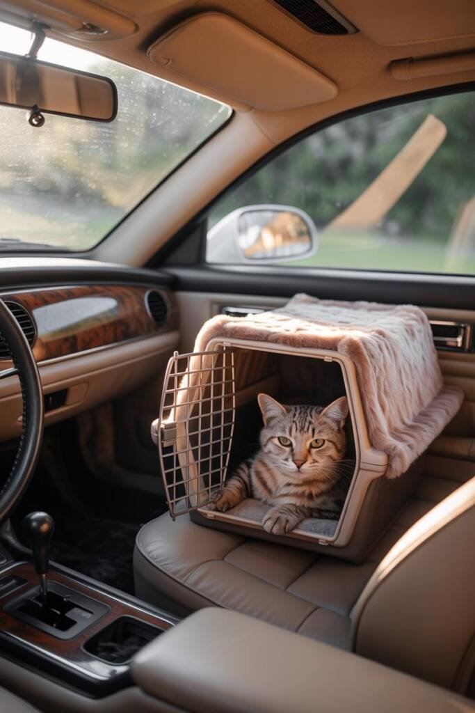Vertical 2:3 lifestyle photo: driver hands at wheel on quiet road, calm cat visible in carrier; open window slight crack; sof