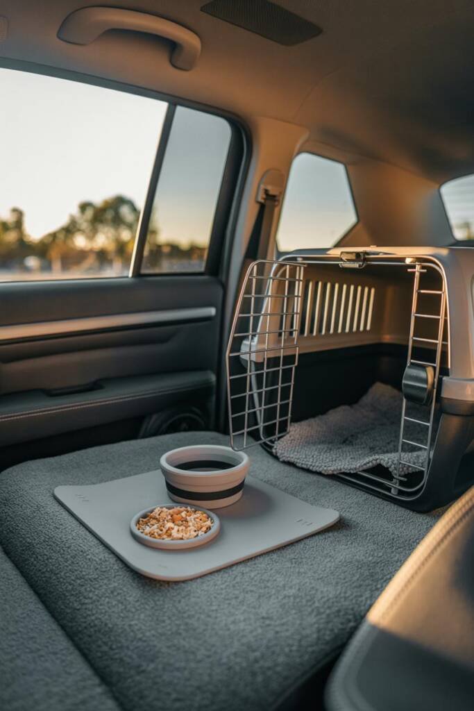 Vertical 2:3 scene: parked rest stop; carrier door closed; small water bowl and tablespoon of wet food on a mat; trees in bac