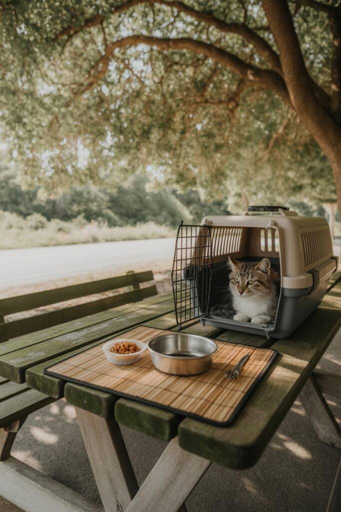 Vertical 2:3 scene: parked rest stop; carrier door closed; small water bowl and tablespoon of wet food on a mat; trees in bac