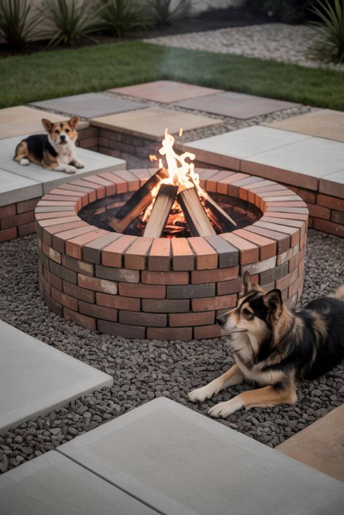 Vertical 2:3, close-to-mid shot of a concrete/stone fire pit ring on crushed gravel, flames low; swatch-style composition sho