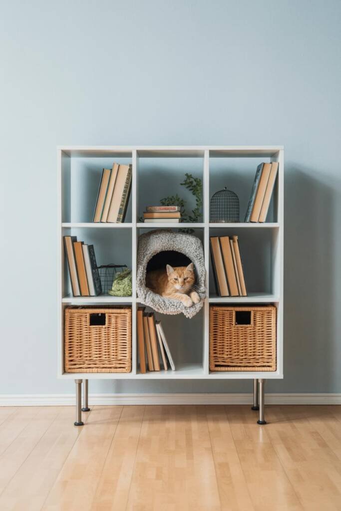 Photorealistic vertical 2:3; matte white 3x3 cube shelf against a soft beige wall; alternating cubes filled with hardcover bo