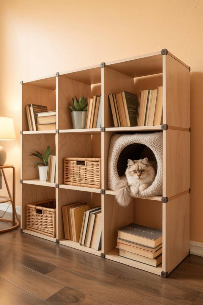 Photorealistic vertical 2:3; matte white 3x3 cube shelf against a soft beige wall; alternating cubes filled with hardcover bo