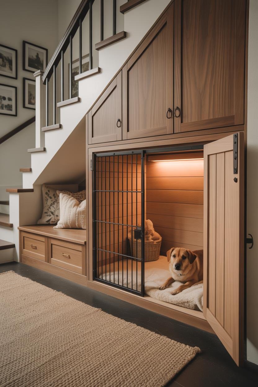 Under-stair cabinetry in walnut with brass finger pulls; one panel open, revealing a built-in crate sized proportionally for