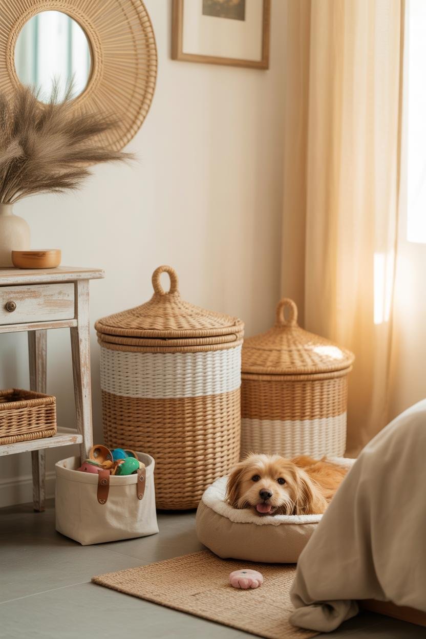 A serene living area with two large woven lidded baskets (natural + white band) stacked near a console; one basket open showi