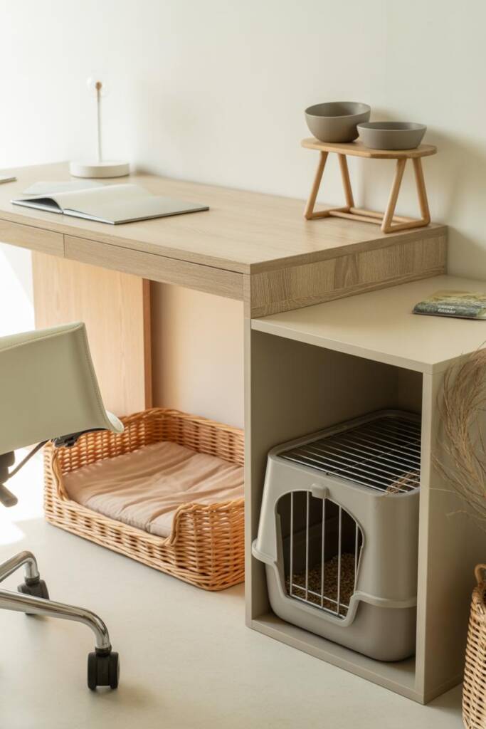 Light-filled home office with oak desk, ergonomic white chair, and cube shelving. Beige pet bed tucked neatly under desk, cub