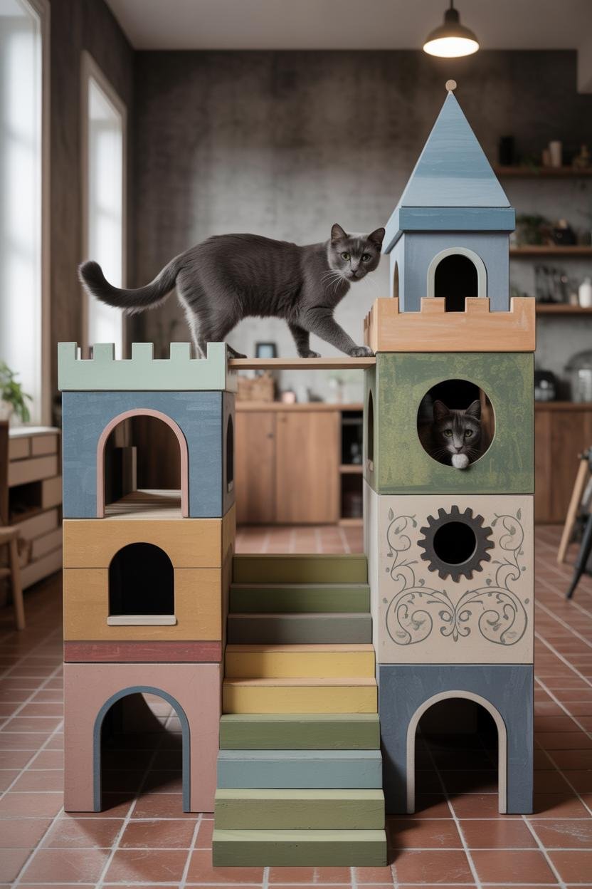 Photoreal modular cat castle: stacked boxy platforms with arched cut-outs, miniature whimsical turrets, slim “floating” bridg
