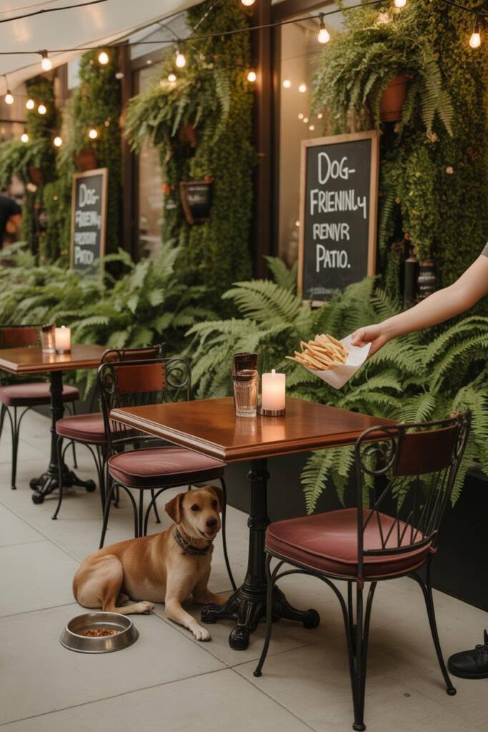 Mid-sized dog resting under table at leafy Chicago beer garden; string lights above; water bowl beside; server’s hand deliver