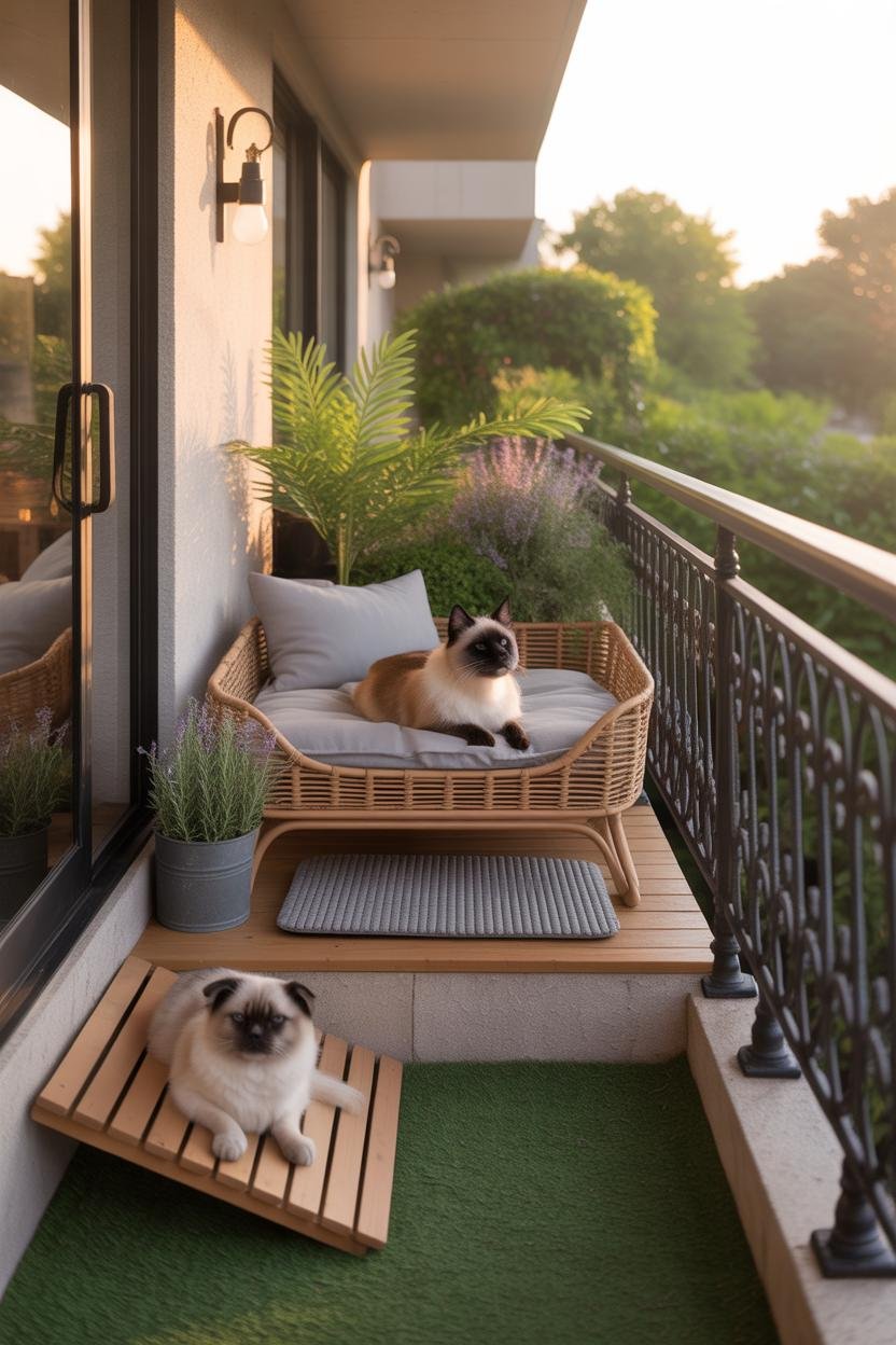Shaded patio off a living room with sliding glass doors; two raised weatherproof pet beds with memory-foam cushions at ground