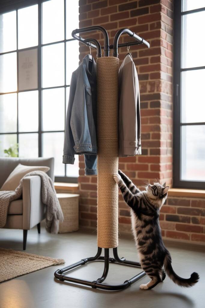 Vertical 2:3 photo of a black iron pipe coat stand on a concrete floor; sections wrapped in natural rope; denim jacket and mo