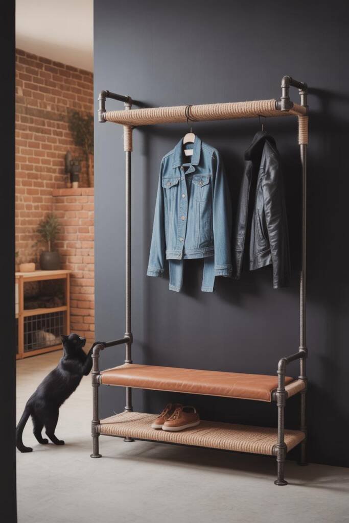 Vertical 2:3 photo of a black iron pipe coat stand on a concrete floor; sections wrapped in natural rope; denim jacket and mo