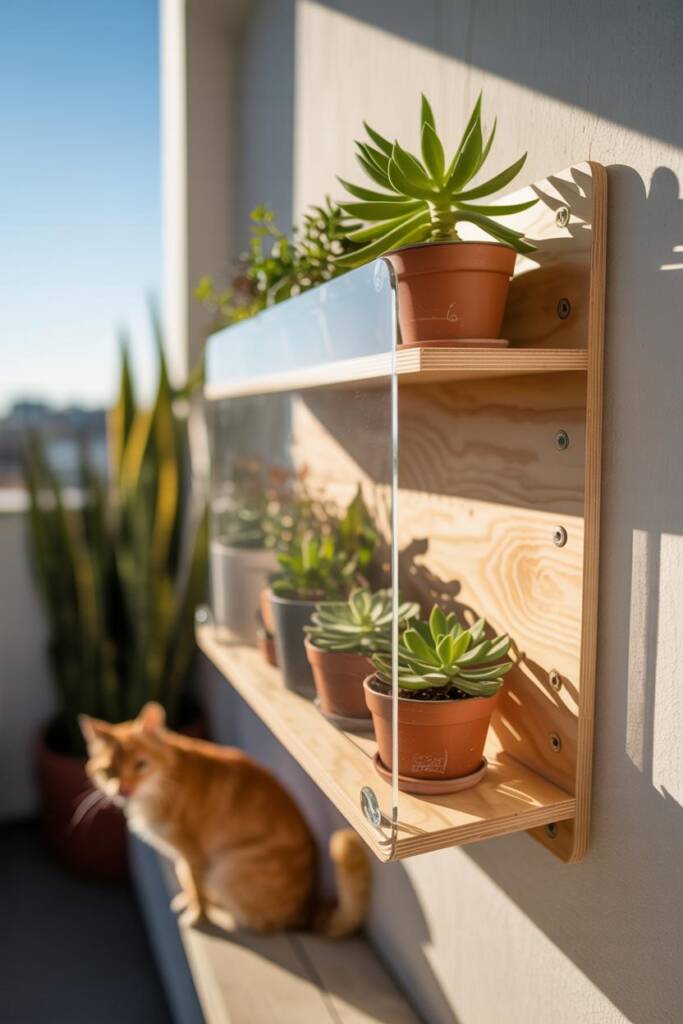 Vertical 2:3 styled shelf with multiple small planters; a continuous clear acrylic edge guard along the shelf front; elegant
