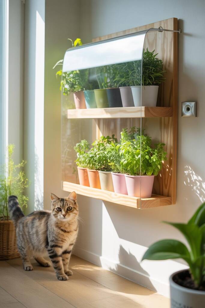 Vertical 2:3 styled shelf with multiple small planters; a continuous clear acrylic edge guard along the shelf front; elegant