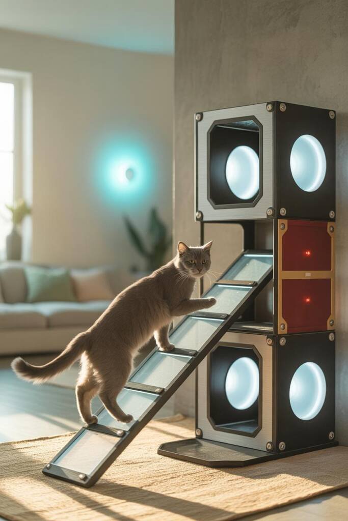 Vertical 2:3 photorealistic image of a sleek futuristic tower with metallic red and gold armor-style plates. Glowing blue cir