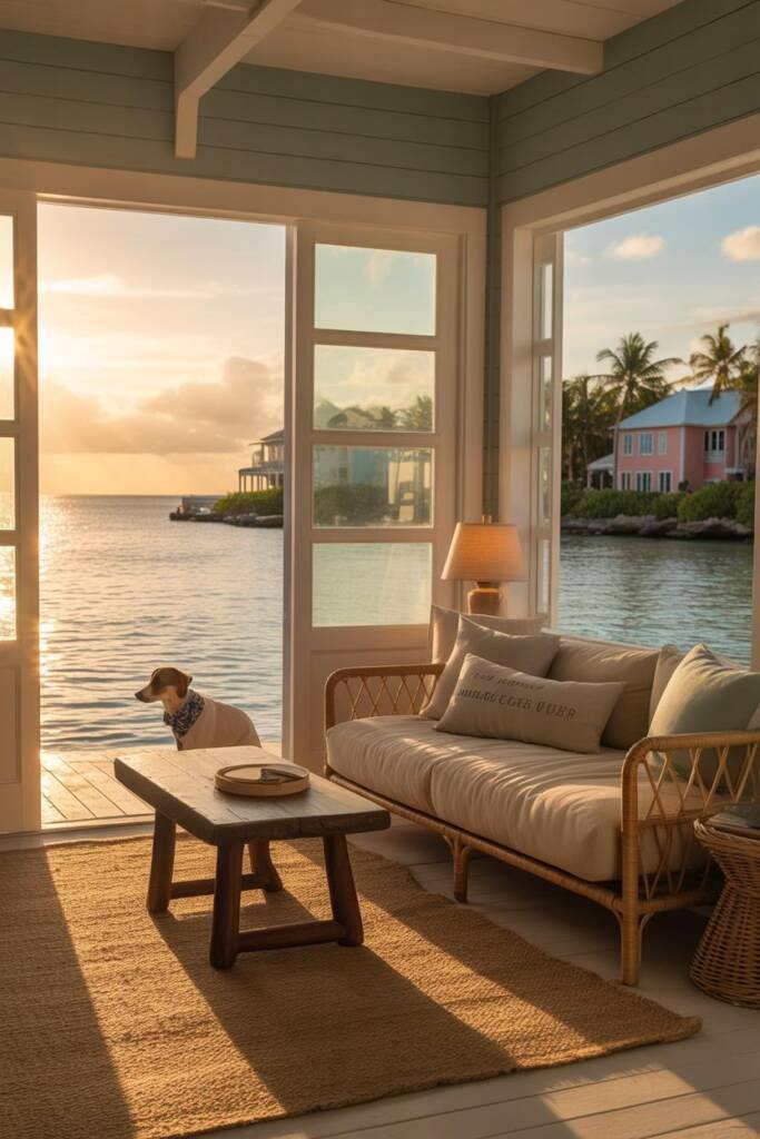 Golden sunset sail: small dog at the bow wearing a nautical bandana, palms and pastel houses on shore, teal water sparkles; d