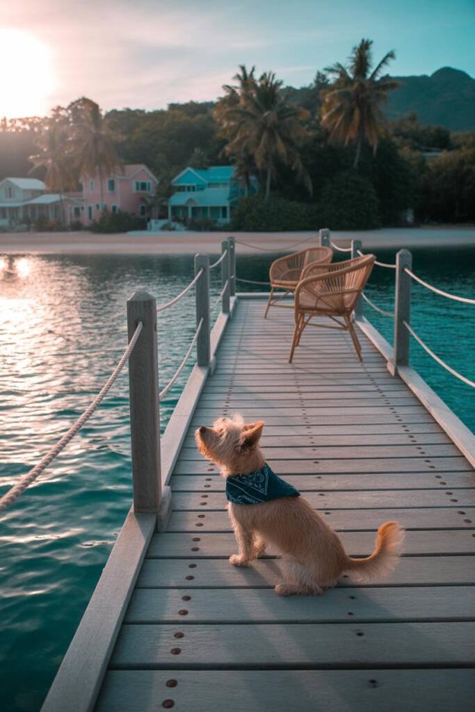 Golden sunset sail: small dog at the bow wearing a nautical bandana, palms and pastel houses on shore, teal water sparkles; d