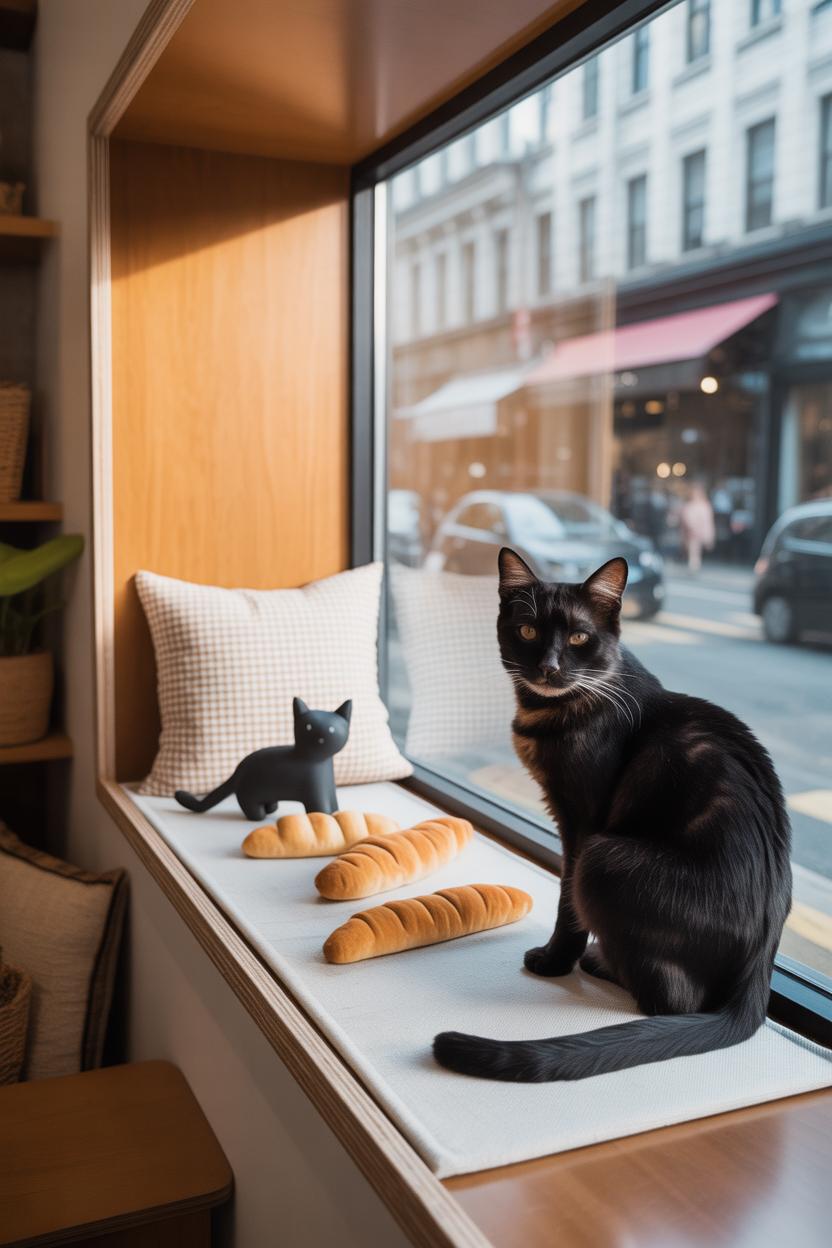 Photoreal window-bay cat seat styled like a tiny bakery display: framed bay box with warm wood, gingham cushions, small plush