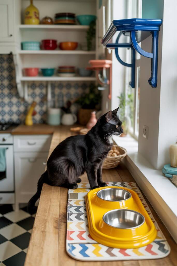 Bright kitchen with open shelving of colorful dishware, checkerboard floor, and patterned tile backsplash. A wooden feeder pa