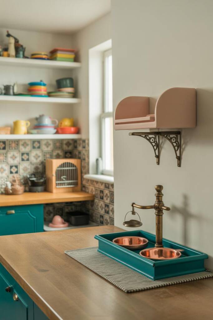 Bright kitchen with open shelving of colorful dishware, checkerboard floor, and patterned tile backsplash. A wooden feeder pa