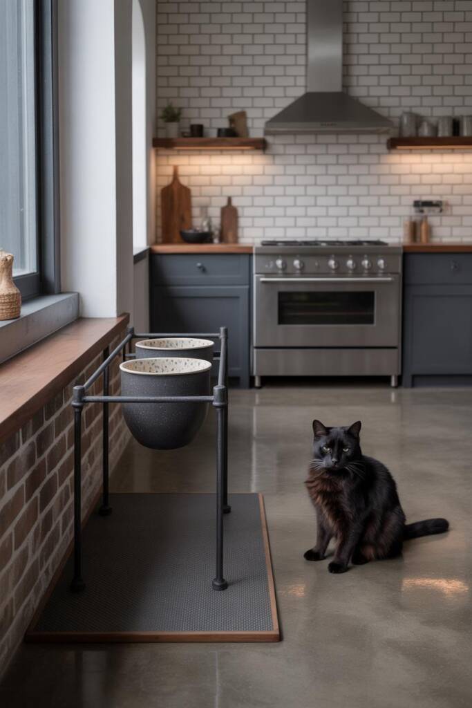Kitchen scene with white subway tile, stainless range, and reclaimed-wood shelf. A matte-black iron feeder with heavy ceramic